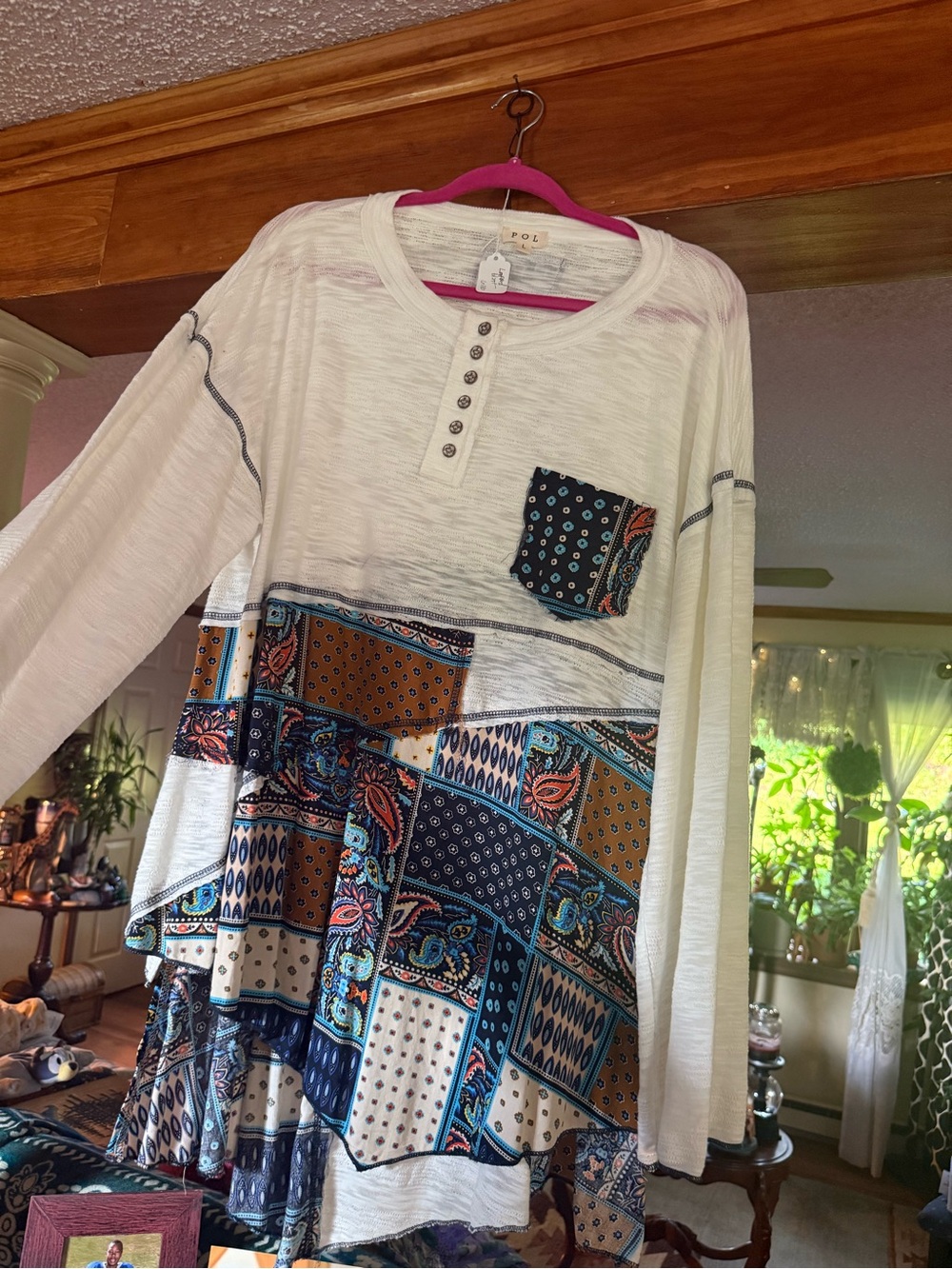 POL White Patchwork Long Sleeve Tunic with Blue and Brown Accents